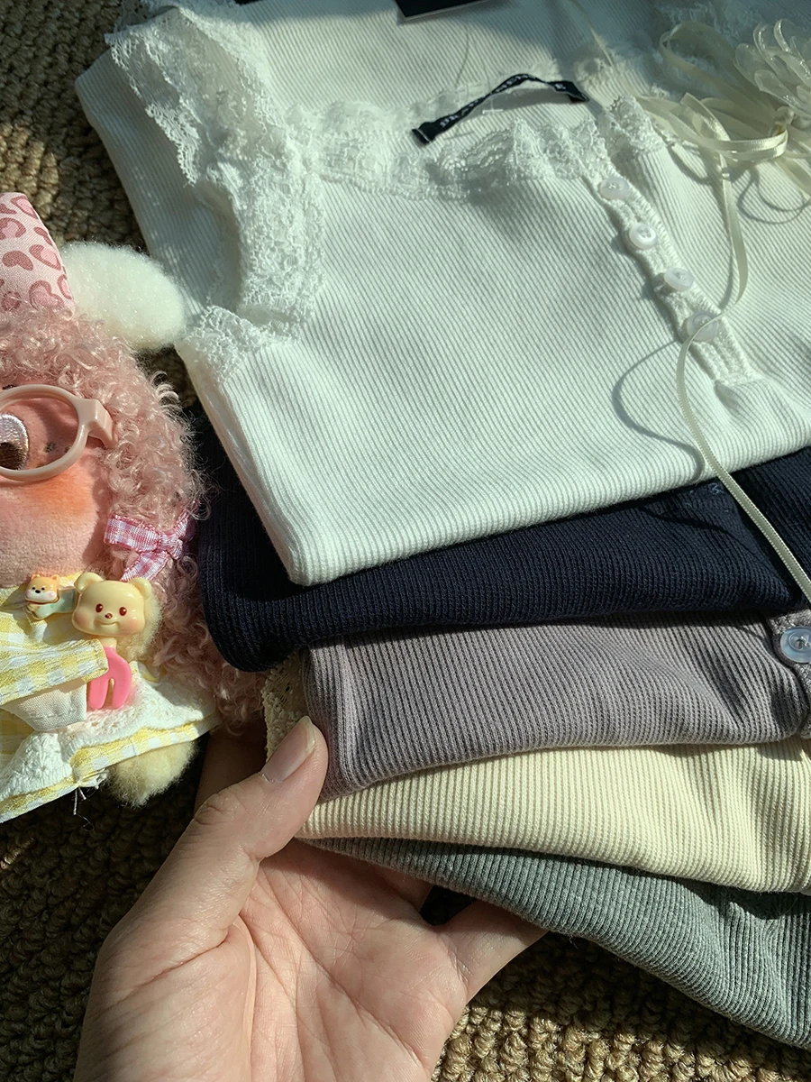 Spitze Trim Lila Schlank Tank Tops Frauen Sommer Vier Tasten Baumwolle Leibchen Weibliche Casual Süße Alle-spiel Grundlegende gerippte Camis Neue – Detail 6