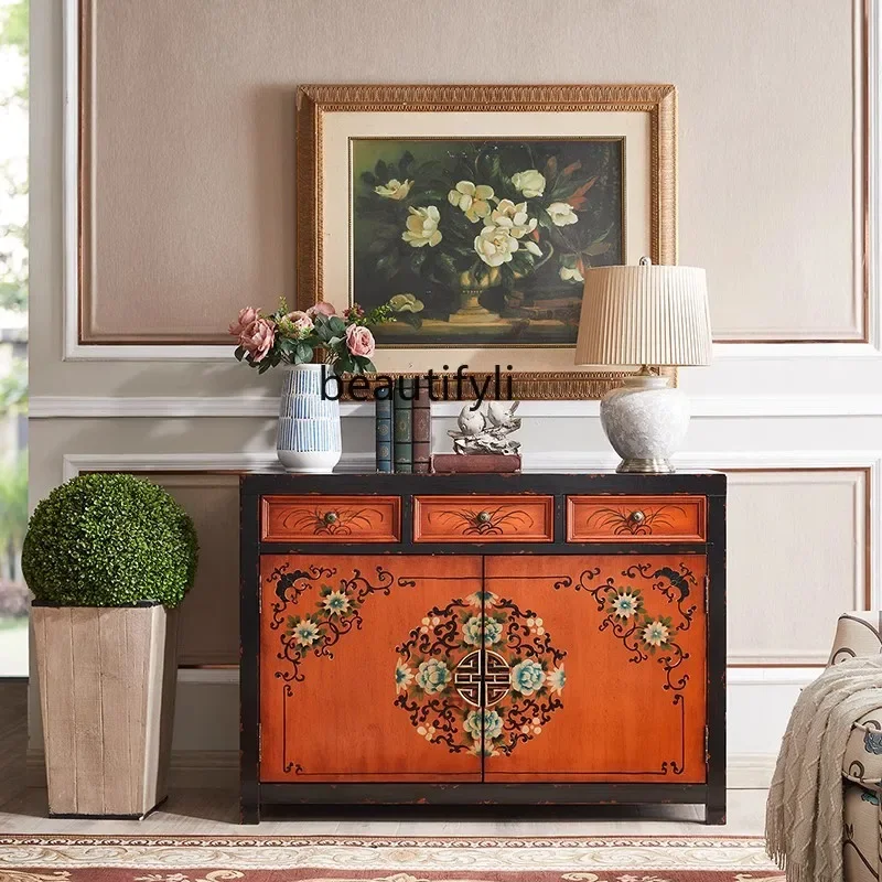 

A57 American solid wood storage side cabinet European painted retro integrated shoe cabinet against the wall villa entrance cabi