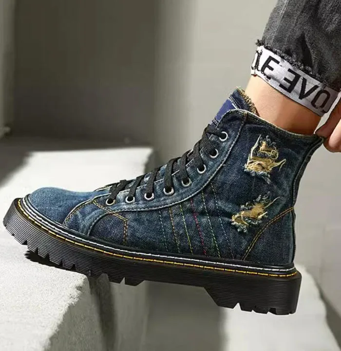 Fashion Multi-Color Threads Frazzle Denim Ankle Boots Thick Sole Flat Lace - up Women Jeans Boots Shoes Unisex Cowboy Boots