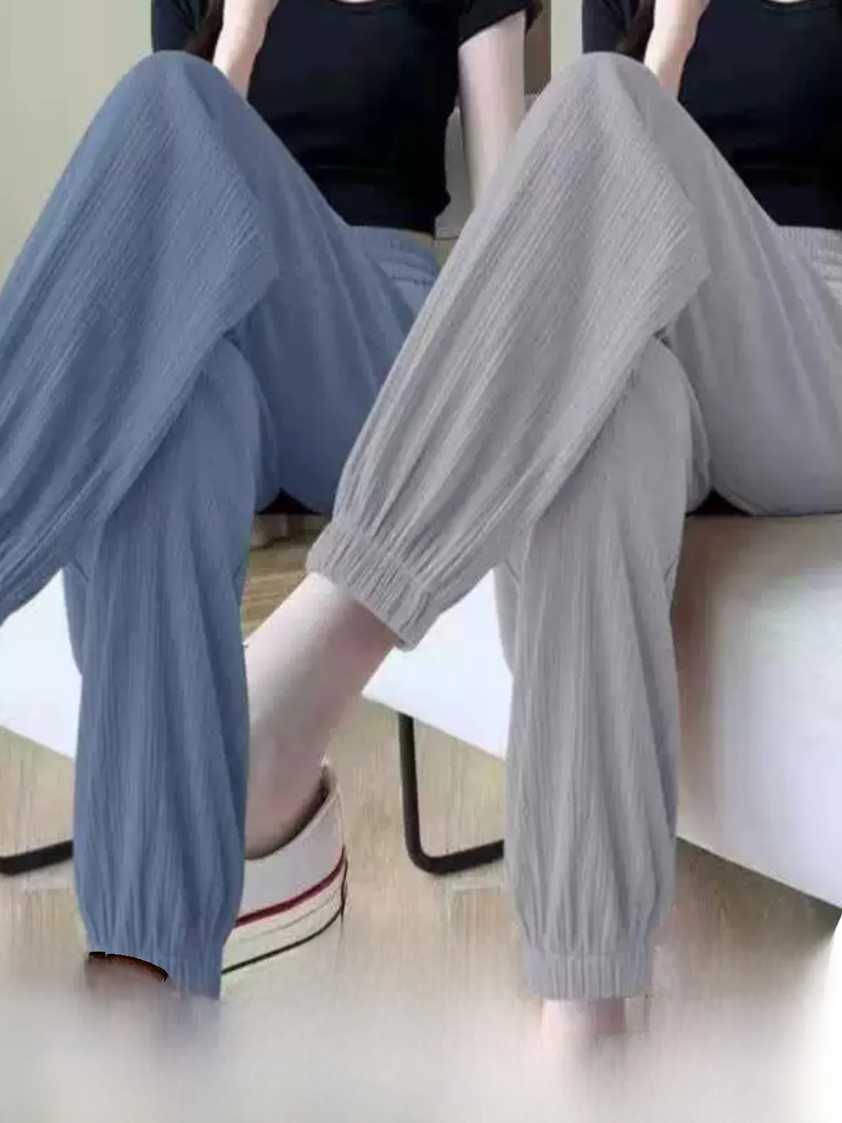 Ice Silk Loose Cuffed Summer Thin Casual Sweatpants Women's High Waist Long Pants Draping Slimming Large Size Wide Leg Lanter...