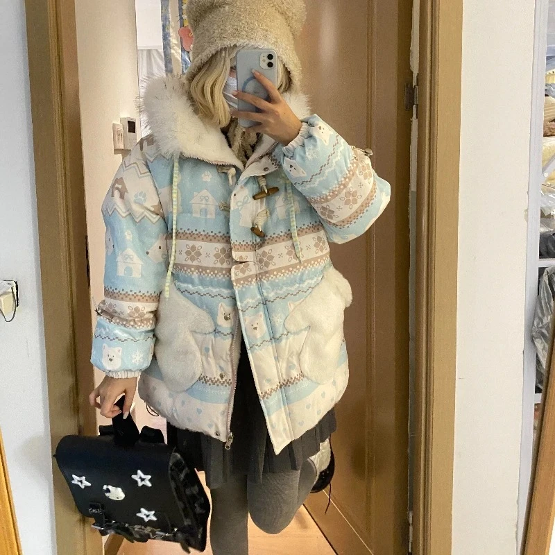 الحلو لوليتا أعلى لطيف الكرتون طباعة الفراء طوق آذان الدب مقنعين سترة فضفاضة تنوعا معطف الحراري الخريف الشتاء النساء #6