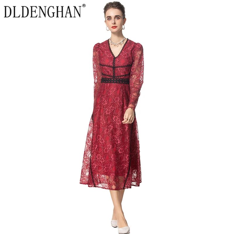 

DLDENGHAN Autumn Hollow Out Lace Dress For Women V-Neck Long Sleeves Vintage Dresses Fashion Runway New