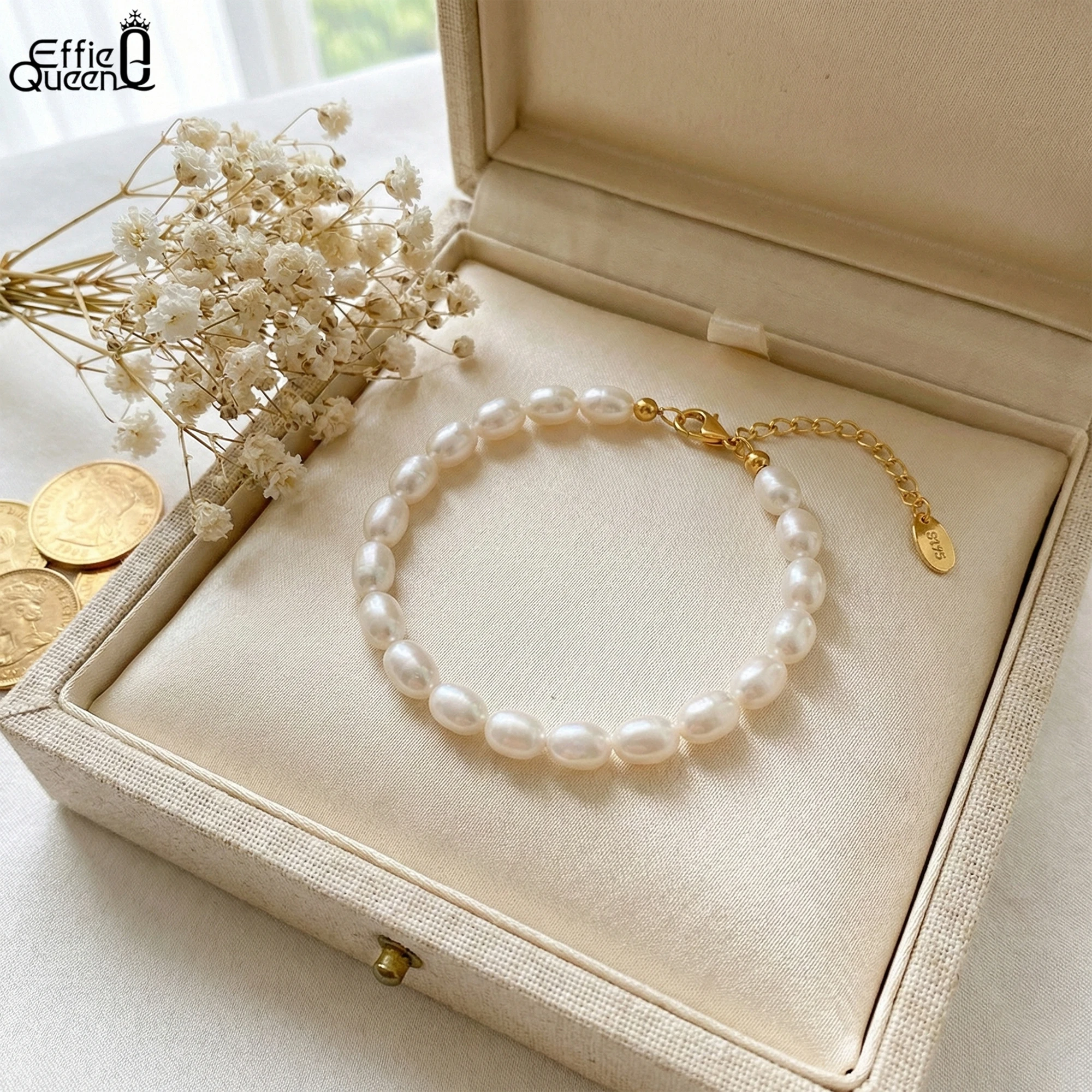 

EFFIE QUEEN браслет-цепочка из чистого серебра 925 пробы с жемчугом в форме риса, пляжные украшения для женщин, летний пляжный отдых, подарок GPB11