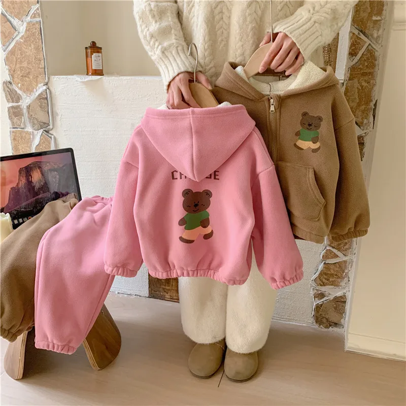 

Boys Girls Thickened Sets Kids Warm Winter Suits Children Padded Hooded Jackets+Pants 2Pcs Outfits Baby Cartoon Fleece Clothing