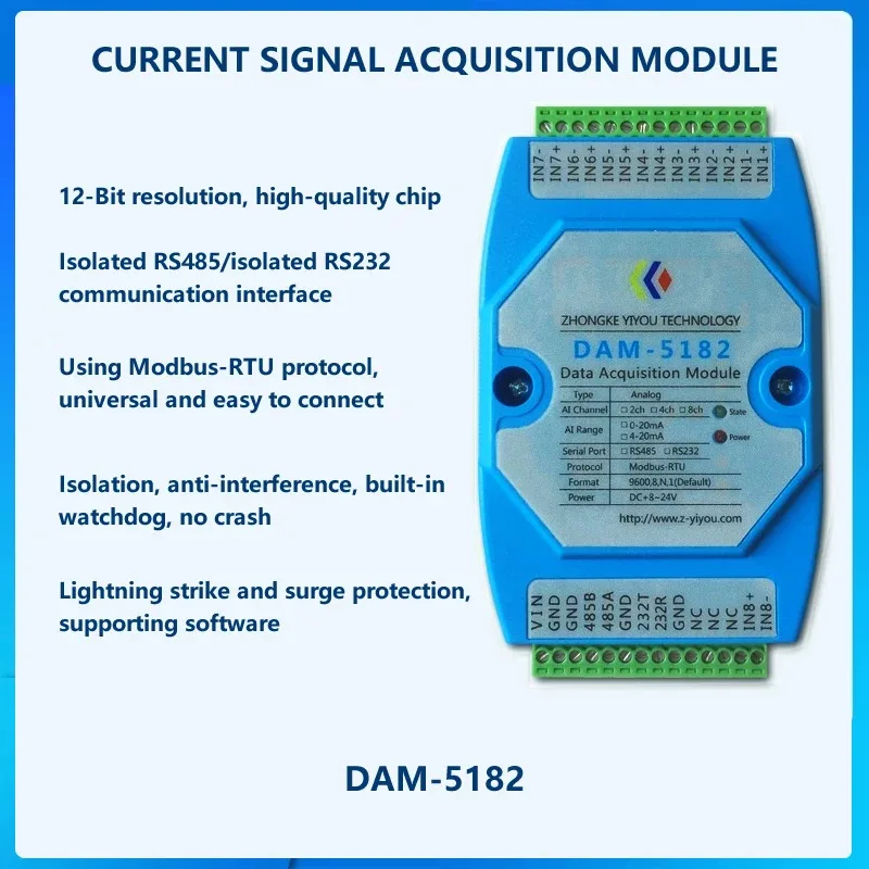 0~20mA/0~20mA Current Signal Input Analog Acquisition Module 2/4/8Channel Modbus Isolation RS485/RS232