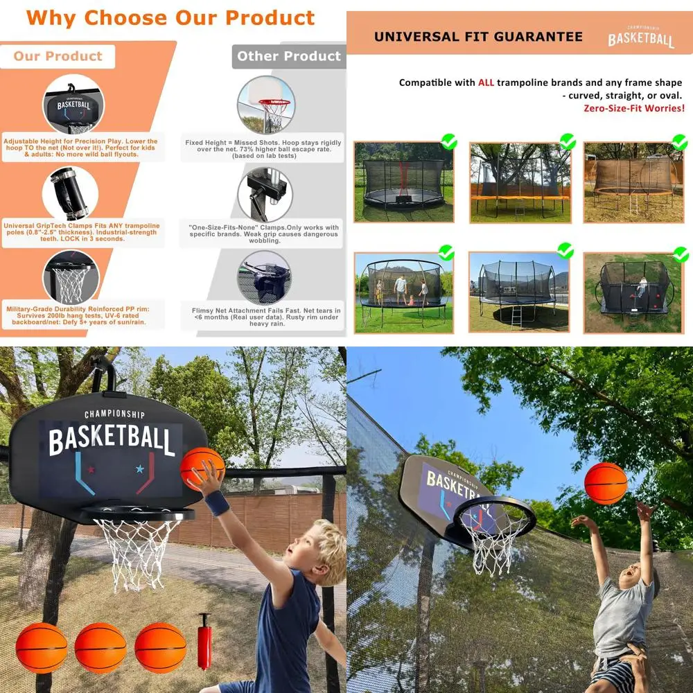 

Баскетбольное кольцо для батута, подходит для батута с прямыми и изогнутыми шестами, крепление для баскетбольного кольца с мячами и насосом, Univers