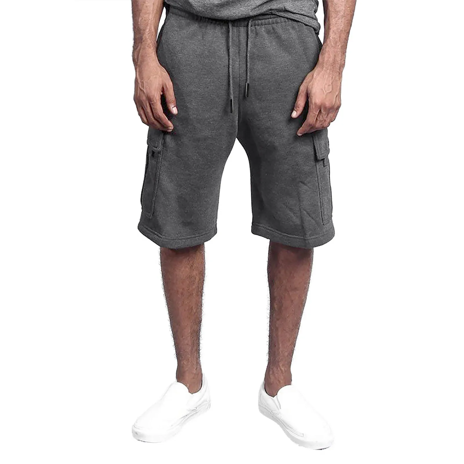 Men'S Solid Color Fashion Short Cargo Pants Drawstring Multi-Pocket Straight Quarter Pants Men'S Casual Simple All Match Shorts