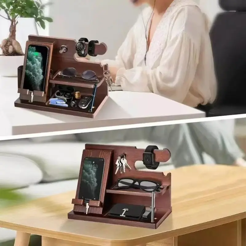 Wooden Bedside Wood Phone Docking Station Holder Wallet Stand Watch Storage Rack Multifunctional Desktop Jewelry Packaging