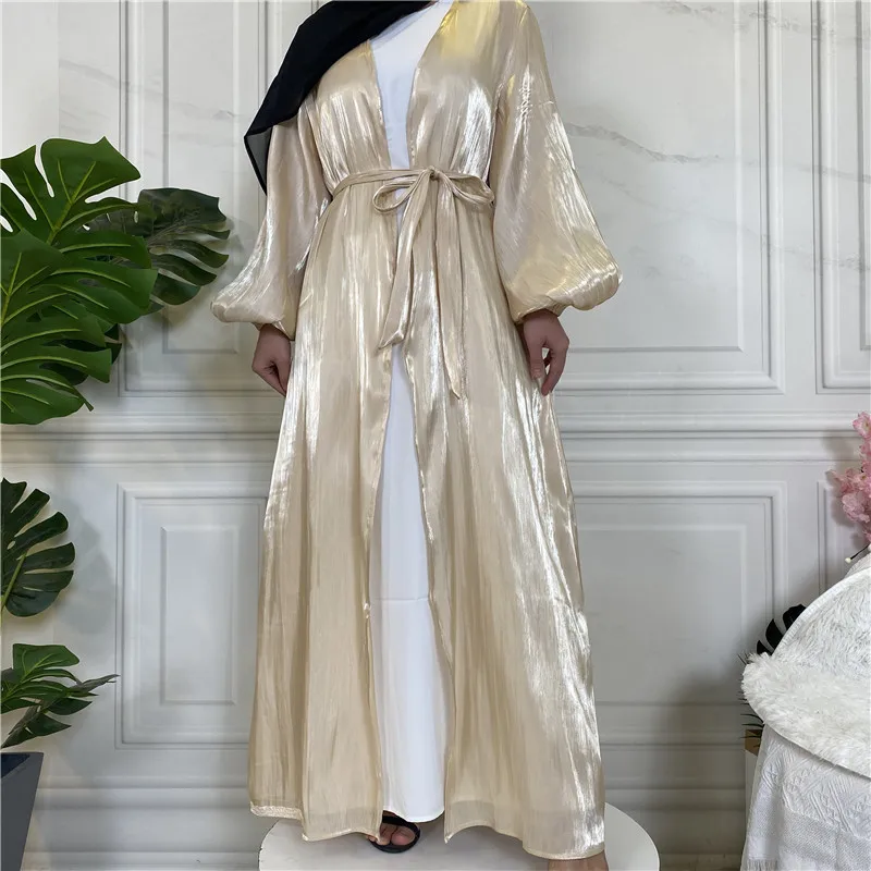 Chic Ramadan Eid Tunic Puff Sleeve Cardigan Muslim Abayas Kimono Musulmane Dubai Fashion Muslim Dress With Belt Arab