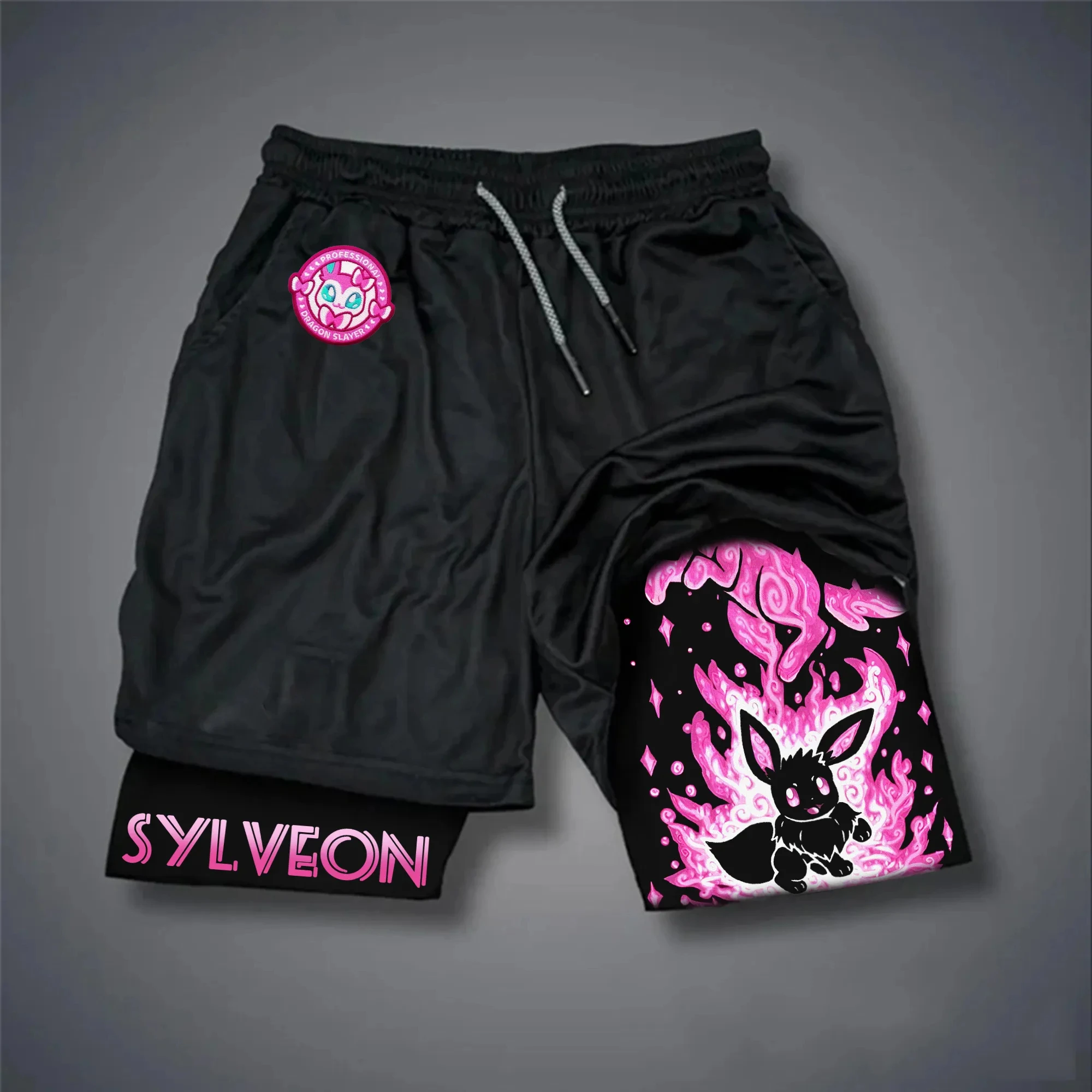 pokemon-sylveon-shorts-masculino-algodao-calcas-esportivas-2025-verao-grafico-bottoms-base-preta-circulo-rosa-sylveon-personagem-eevee