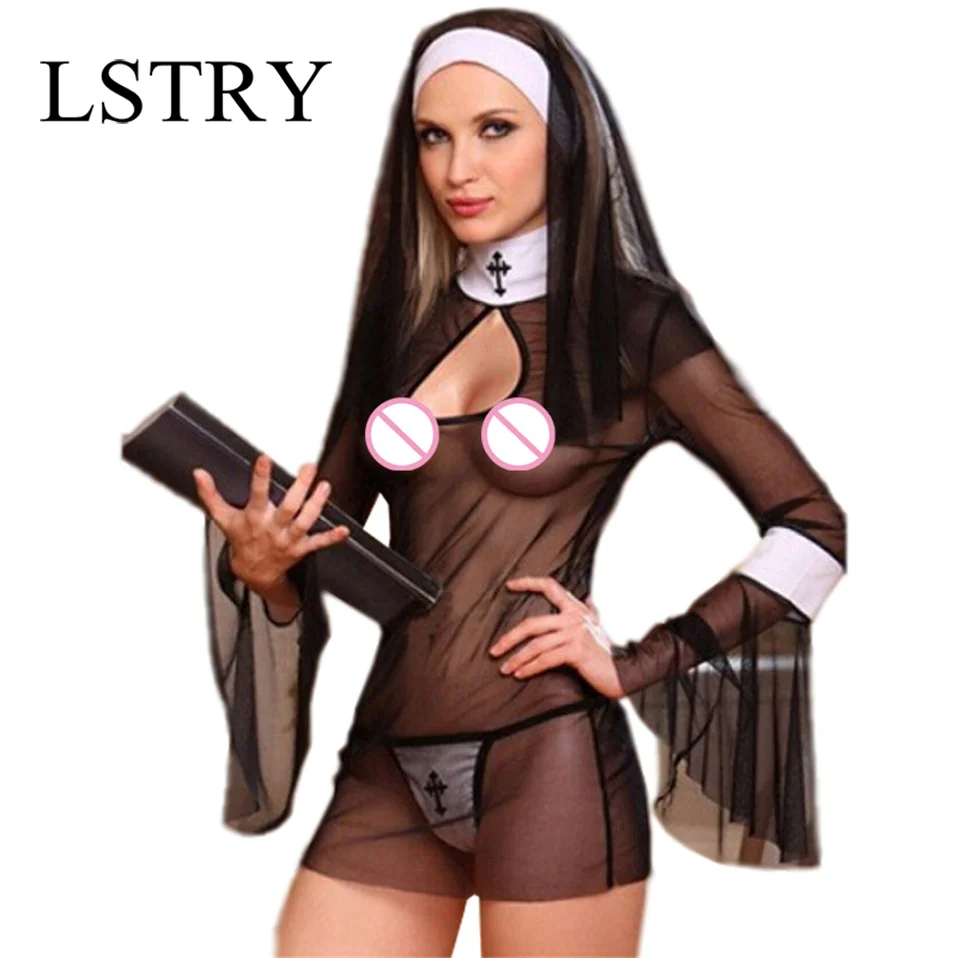 2023 New Sexy Costume Women Cosplay Nuns Uniform Transparent Sexy Lingerie Exotic Nun Halloween Costumes Dress Outfit Clothing