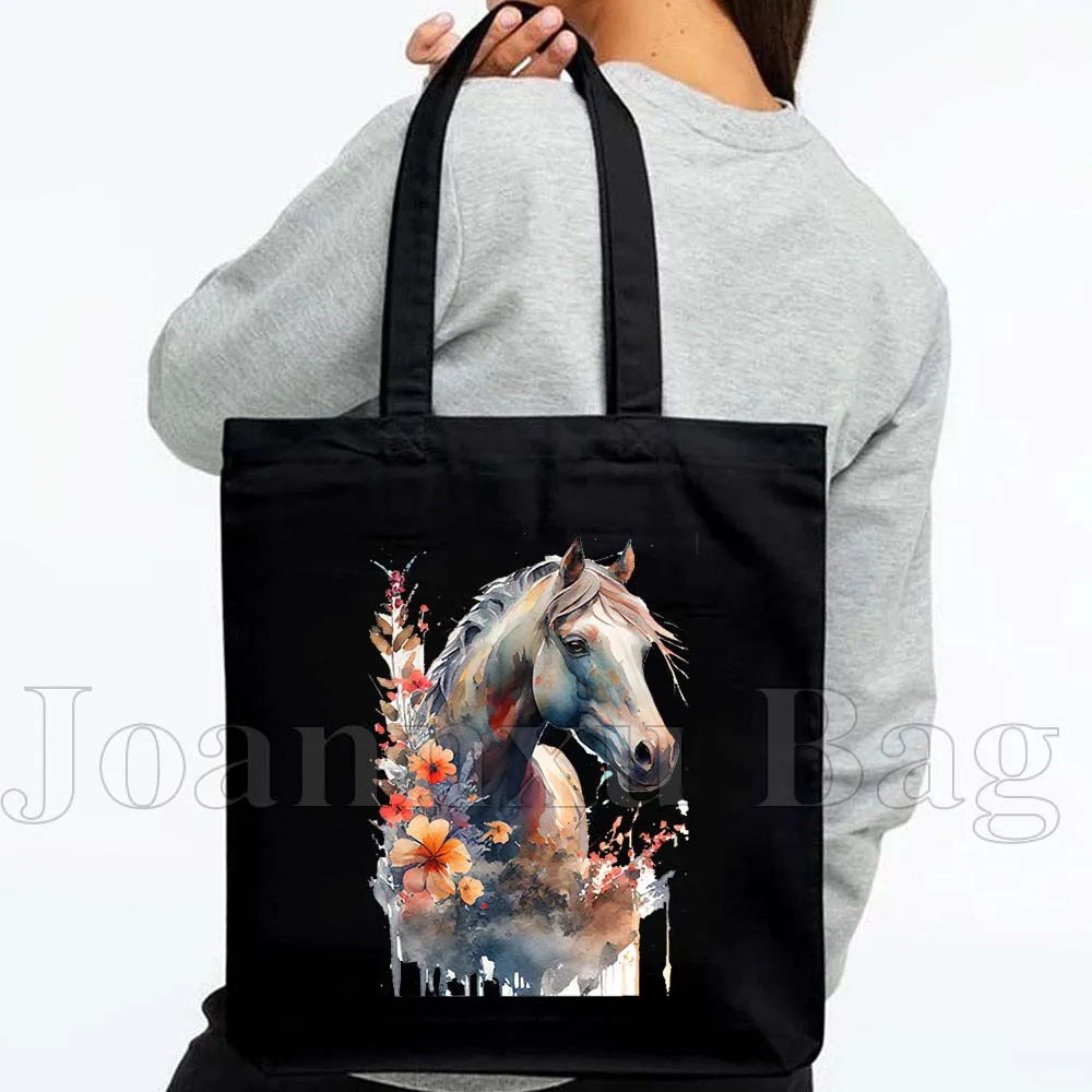 Dziki duch kwiatowy koń obraz olejny kobiety płócienna torba na ramię torebka Harajuku Eco Shopper bawełniane torby na zakupy wielokrotnego użytku