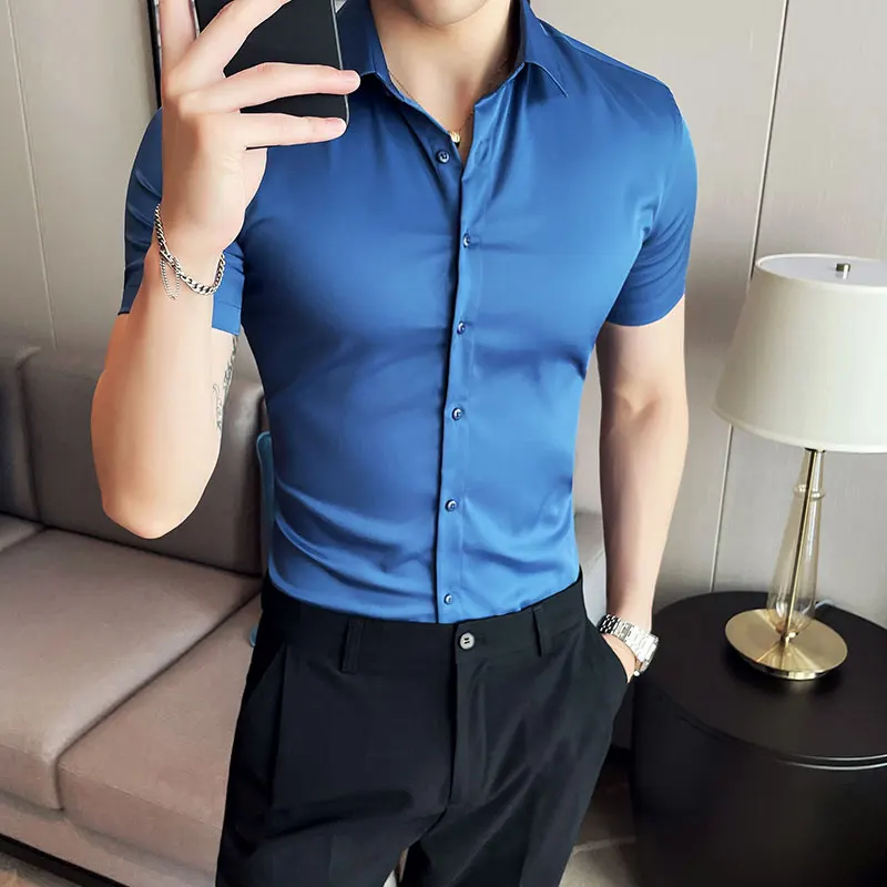 

2023 Summer New Skinny Design White Shirt Men Causal Basic Short Sleeve Button Blouse Classical Tops