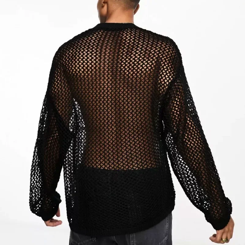 Mens Base Shirt Grid Sunscreen Long Sleeved Shoulder Drop Transparent T-shirt Woven Top Hollowed Out Knitted T-shirt for Men