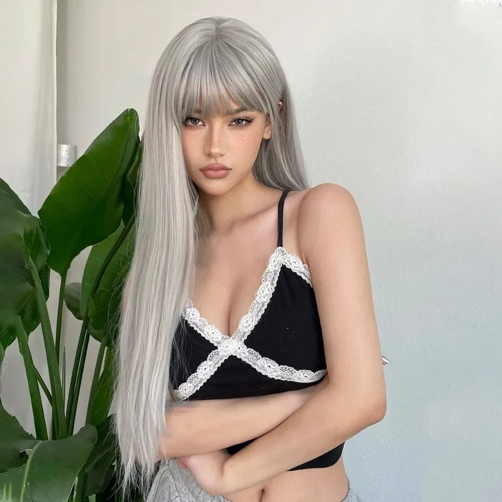 

wig Hot selling silver gray long straight fringe temperature silk coaplay Wig Natural Cosplay Party Heat Resistant wigs lolita