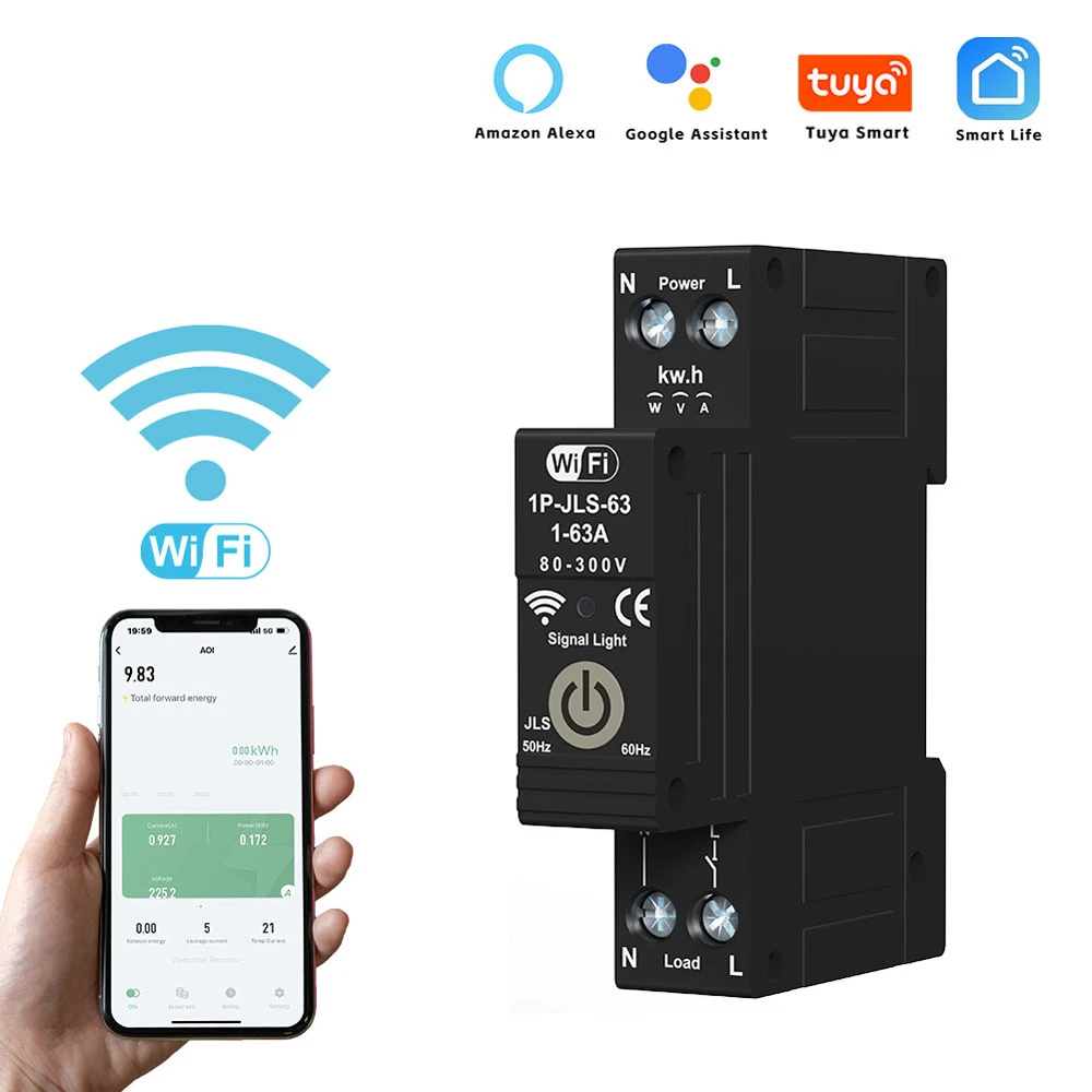 Tuya WiFi Intelligent Circuit Breaker 1P 63A DIN Rail Bidirectional Metering Energy Meter Support 3 Timing Modes Multiple Safety