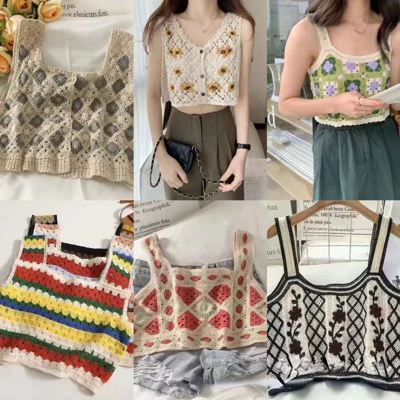 

Summer Fresh Embroidery Hooked Flower Tank Top French Vintage Flower Color Block Short Strap Versatile Top