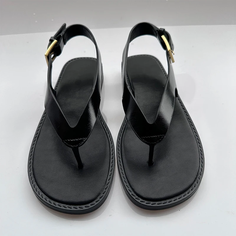 Mrxmus Dutit Women Shoes 2024 Summer New Black Buckle Design Fashion Sandals Leather Strap Flat Sandals Female