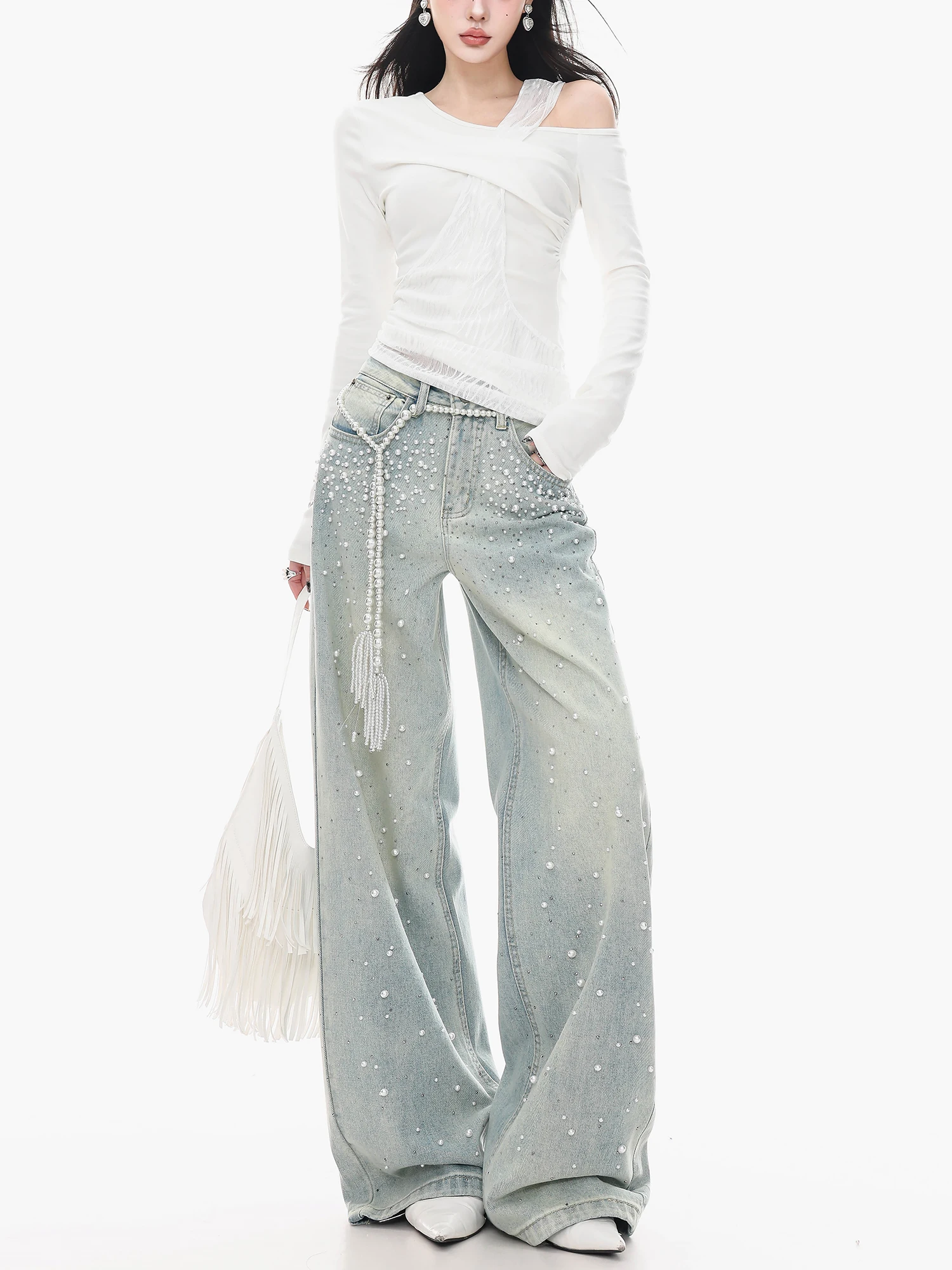 

ABWLR Original American Waed Heavy Du Pearl Wide Leg Jeans Women's Loose Floor Length Straight Cut Trousers