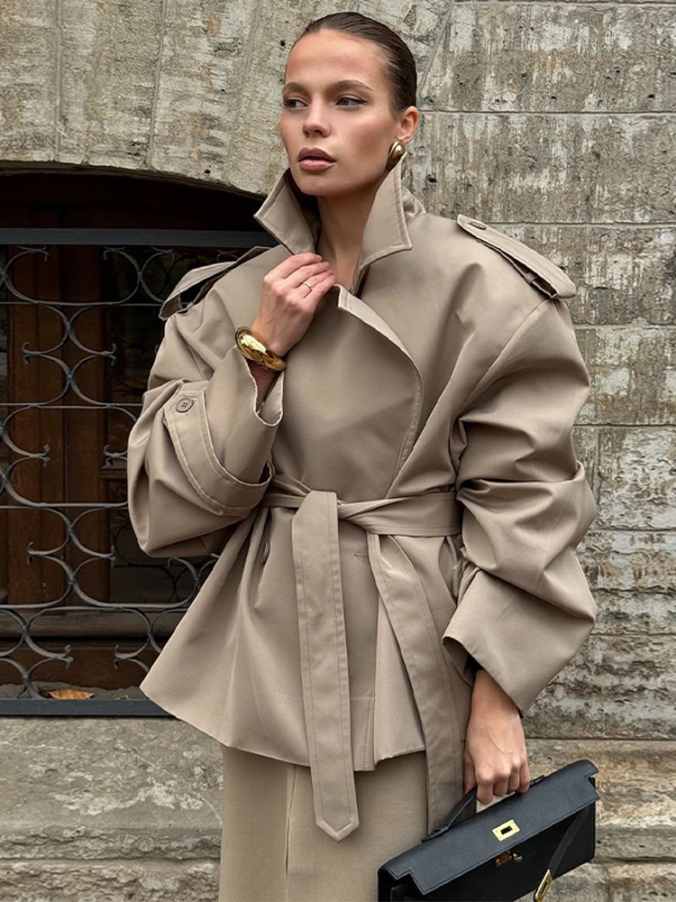 Women Cropped Short Trench Coat Beige Oversized Waist Belt Lapel Drop Shoulder Windbreaker Vintage Commuter2026 Autumn Outerwear image 2