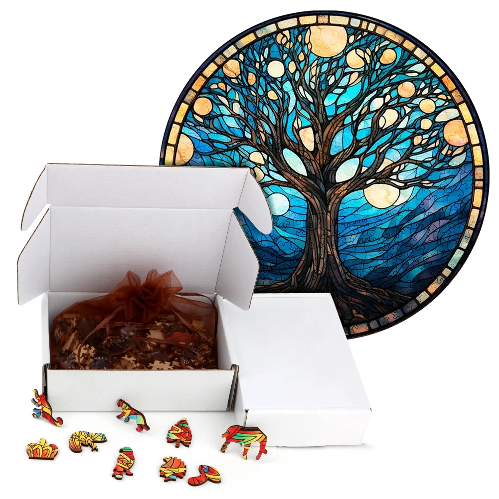 Wooden Puzzle Mandala Beautiful Wisdom Tree Surprise Toys 3D Wood Jigsaw Puzzles Creative Games Round Shaped Secret Puzzle Boxes