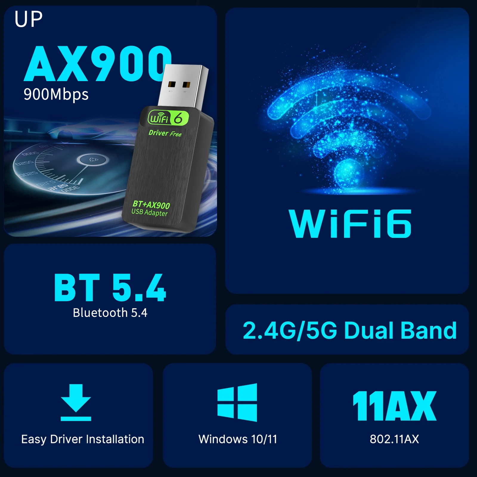WiFi6 AX900 USB Adapter Bluetooth 5.4 Dual Band 2.4G&5GHz 2in1 Dongle USB Wireless Network Wlan Receiver DRIVER FREE Win10