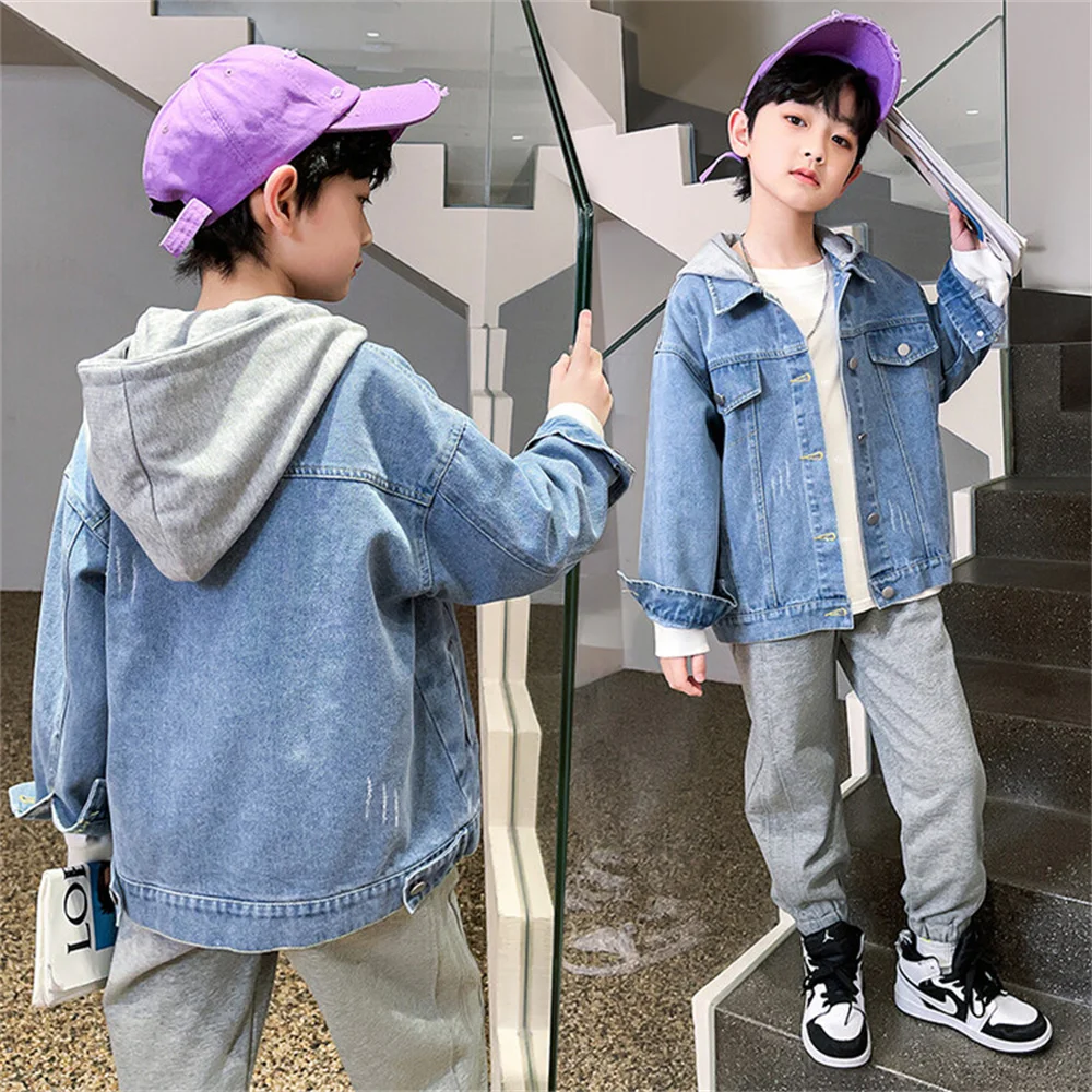 

708 Hooded Denim Jacket Youth Denim Coat Jacket Spring Autumn Fashionable Boy Jacket Children's Denim Shirt Jacket