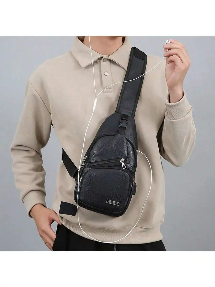 Bolso bandolera de cuero PU para hombre con puerto USB, ligero, para viajes, gimnasio y actividades al aire libre.