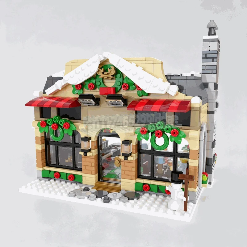 1187 Pieces Winter Village Tavern Building Blocks Snowy Street Shop Architecture Model Creative DIY Assembly Display Home Gift