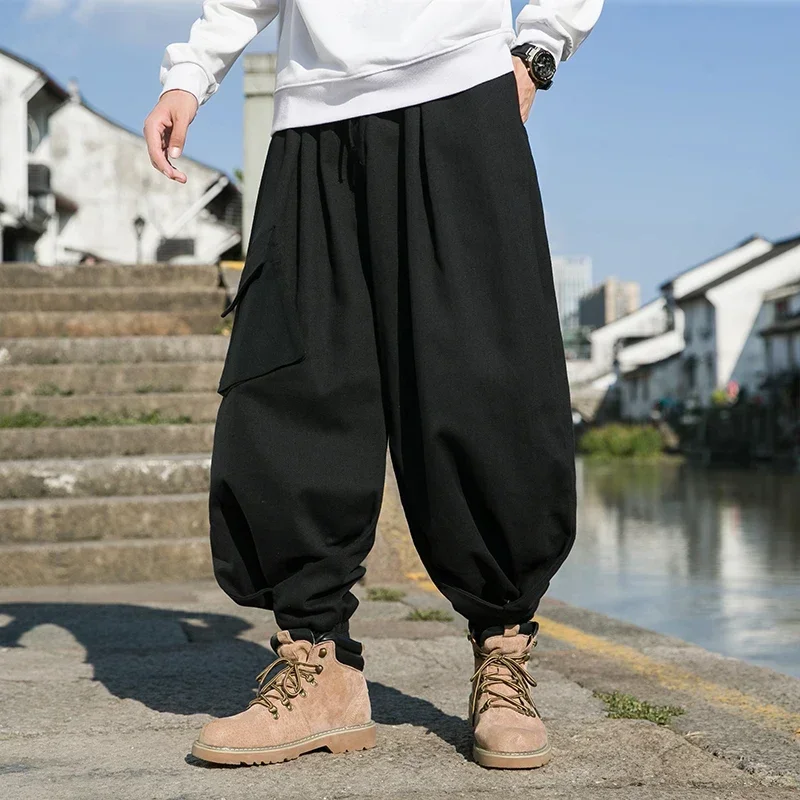 Japanese Streetwear Men\'s Solid Color Pocket Drawstring Jogger Pants Casual Hip Hop Straight Pants Retro Wide Leg Cargo Pants