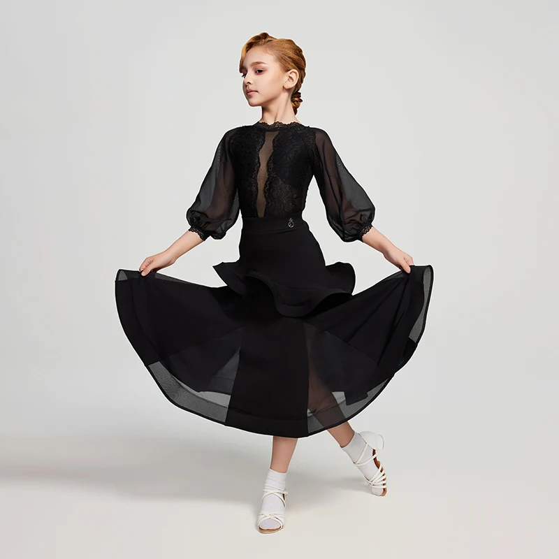 Costume de danse latine pour enfants, vêtements de spectacle de danse de salle de bal pour filles, hauts noirs, jupe en arête de poisson, robe de compétition, 2025 DNV23481