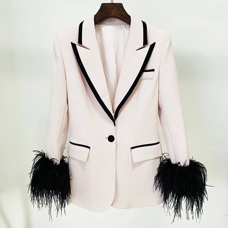 

2023 HIGH STREET Newest Designer Women's Color Block Stylish Feather Embellished Petal Sleeve Hidden Breasted Long Blazer Coat