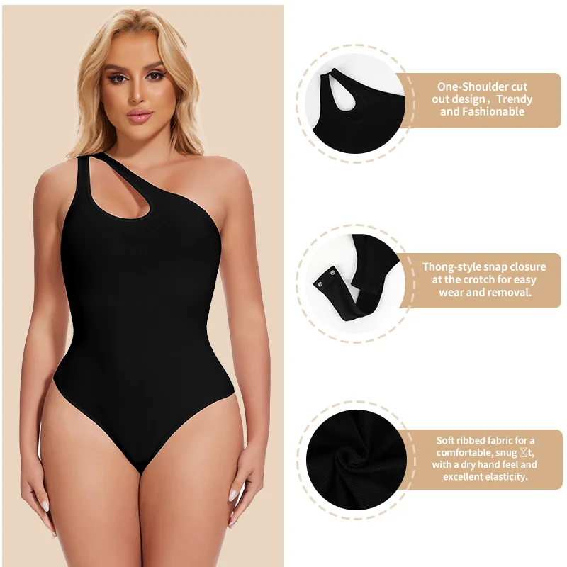 Women Sloping One-shoulder Bodysuit Hollow Out Ribbed Shapewear Butt Lifter Tummy Control Body Shaper Slimming Thong Sexy Corset