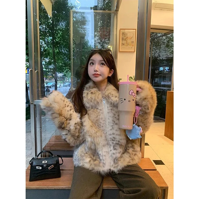 MEXZT Leopard Print Faux Fur Coat Women Vintage Quilted Fluffy Jacket Winter Streetwear Korean Long Sleeve Warm Furry Outerwears