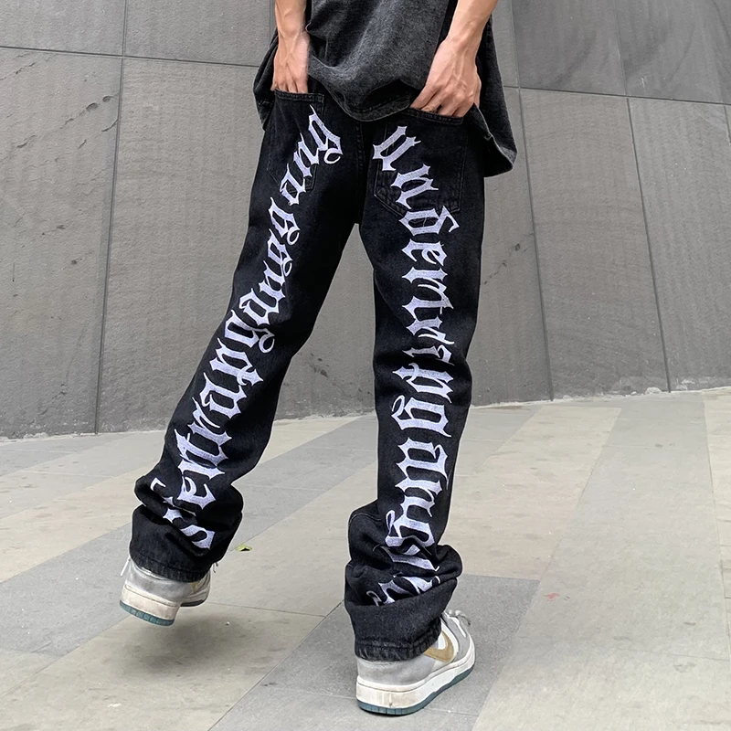 High Street Letter Embroidery Ripped Loose Jeans for Men Hole Washed Harajuku Frayed Straight Black Denim Trousers Oversized