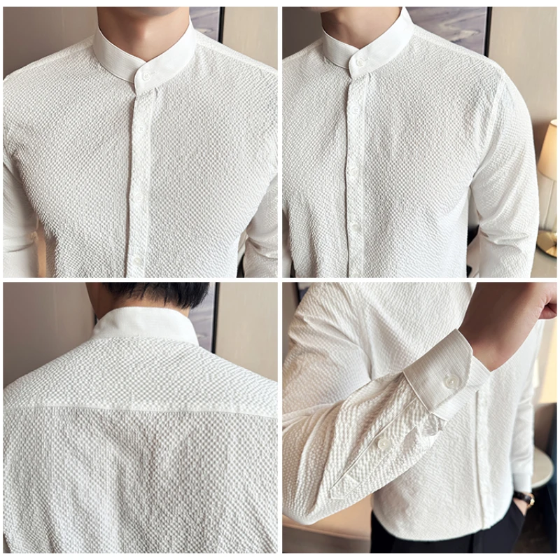 Chinese-Style Stand Collar Long-Sleeved Shirt, Men's High-Grade Stretch Seersucker, Business Casual Slim-Fitting Top, Office