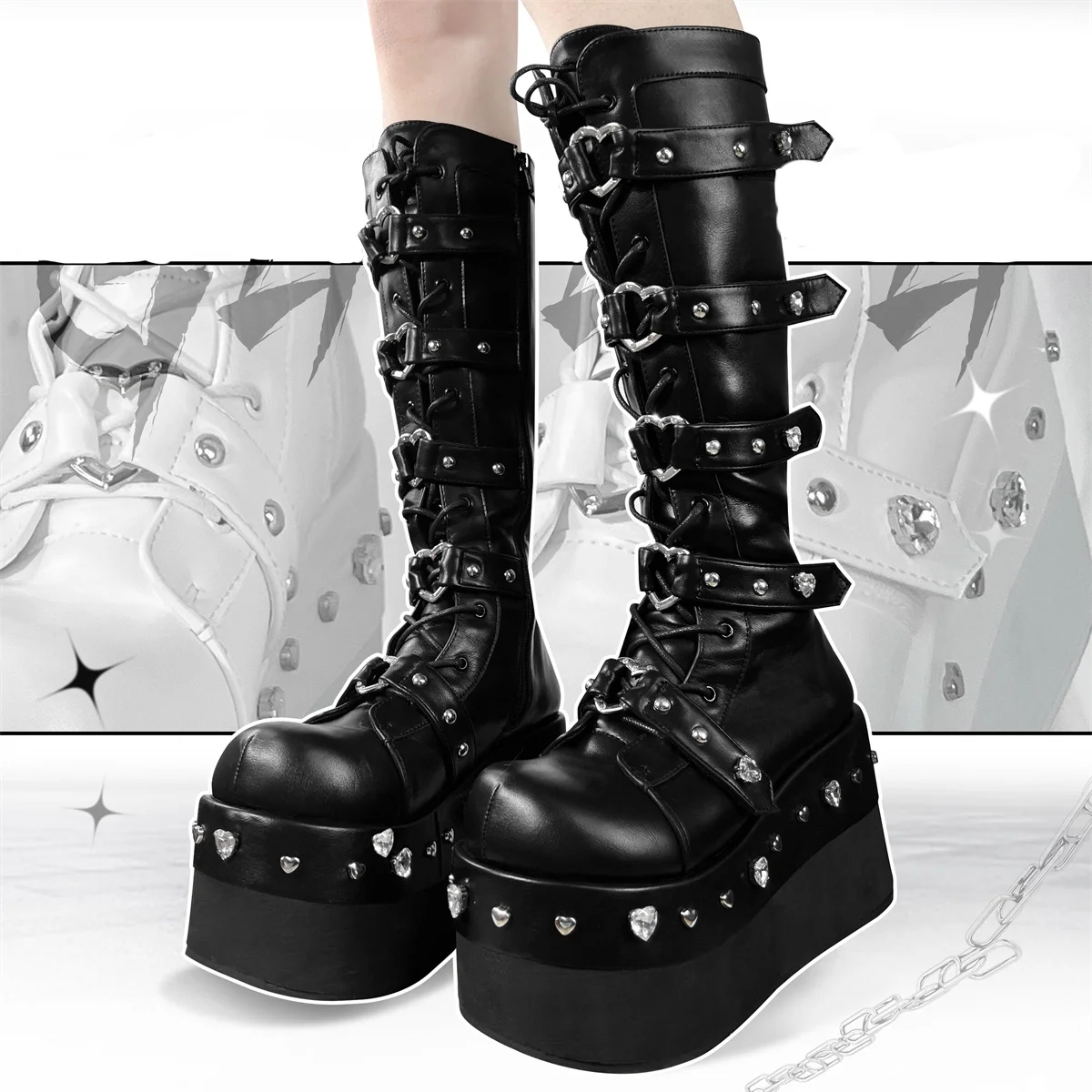 

Vintage Dark Style Gothic Lolita Girl Shoes Metal Love Clasp Cameo Rivet Lacing Strap Round Head Thick Bottom 10cm PU High Boots