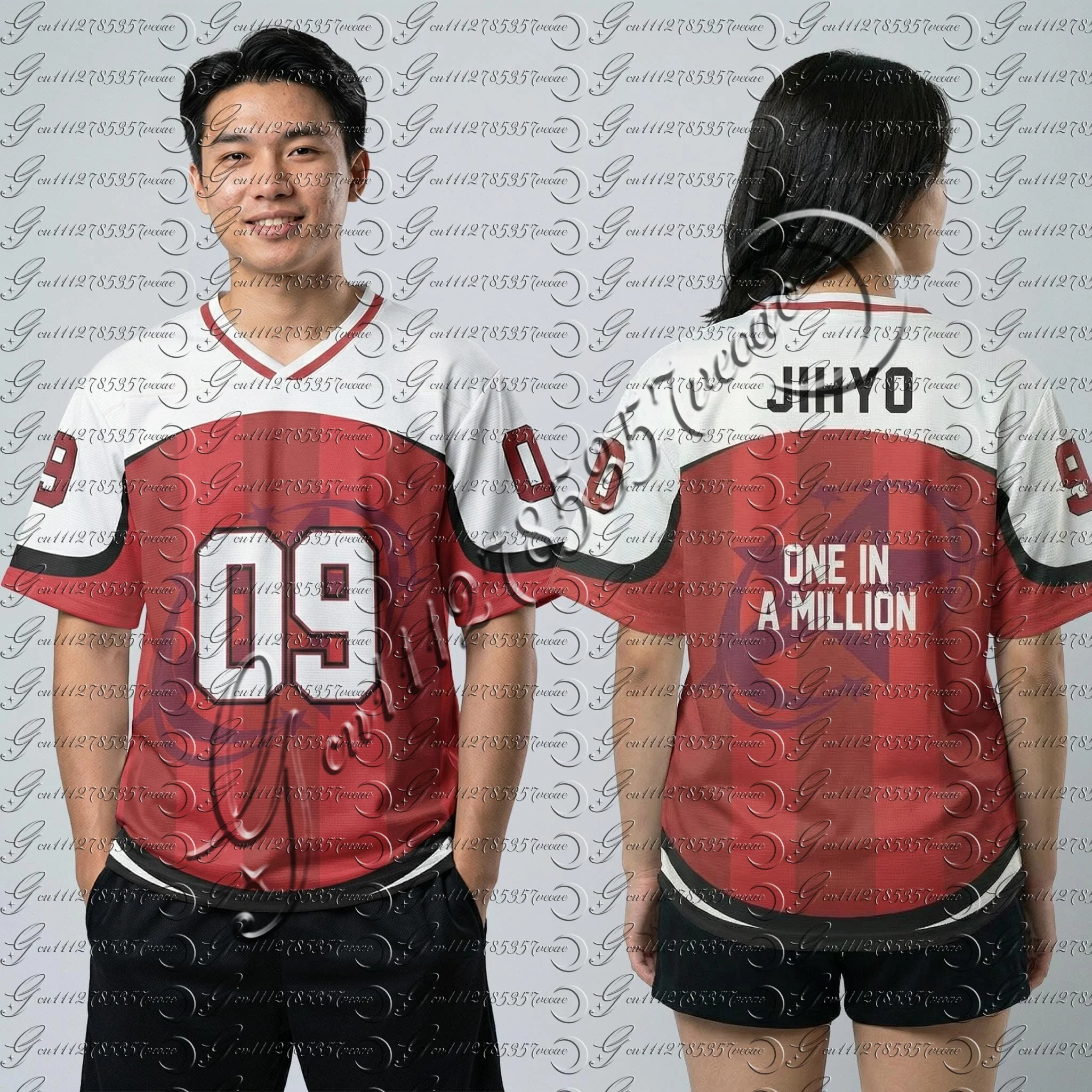 

Y2K Red White Plaid Patchwork Jersey TWICE JIHYO 09 Graphic V Neck Oversized Short Sleeve Kpop Fan Streetwear FamilyMatching