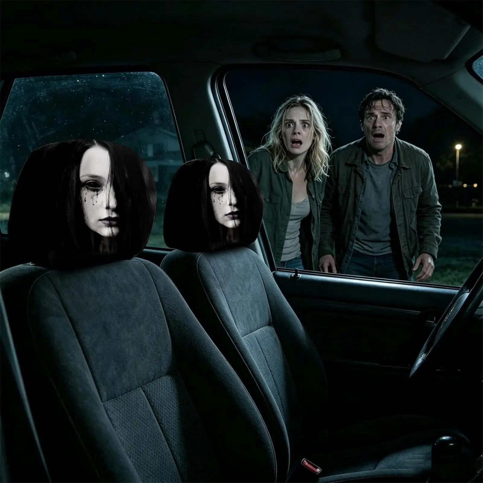 Scary Car Headrest Covers Ghost Face Universal Stretchy Case Horror Print Seat Headrest Protector for SUVs Trucks Halloween Trip