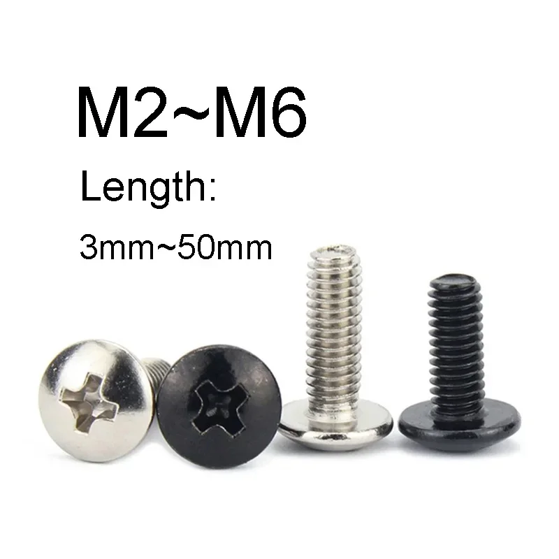 Tornillos de cabeza empotrada Phillips de acero al carbono, 5 ~ 200 piezas, M2M2.5, M3, M4, M5, pernos de cabeza de hongo, tornillos de cabeza de armazón, negro/niquelado
