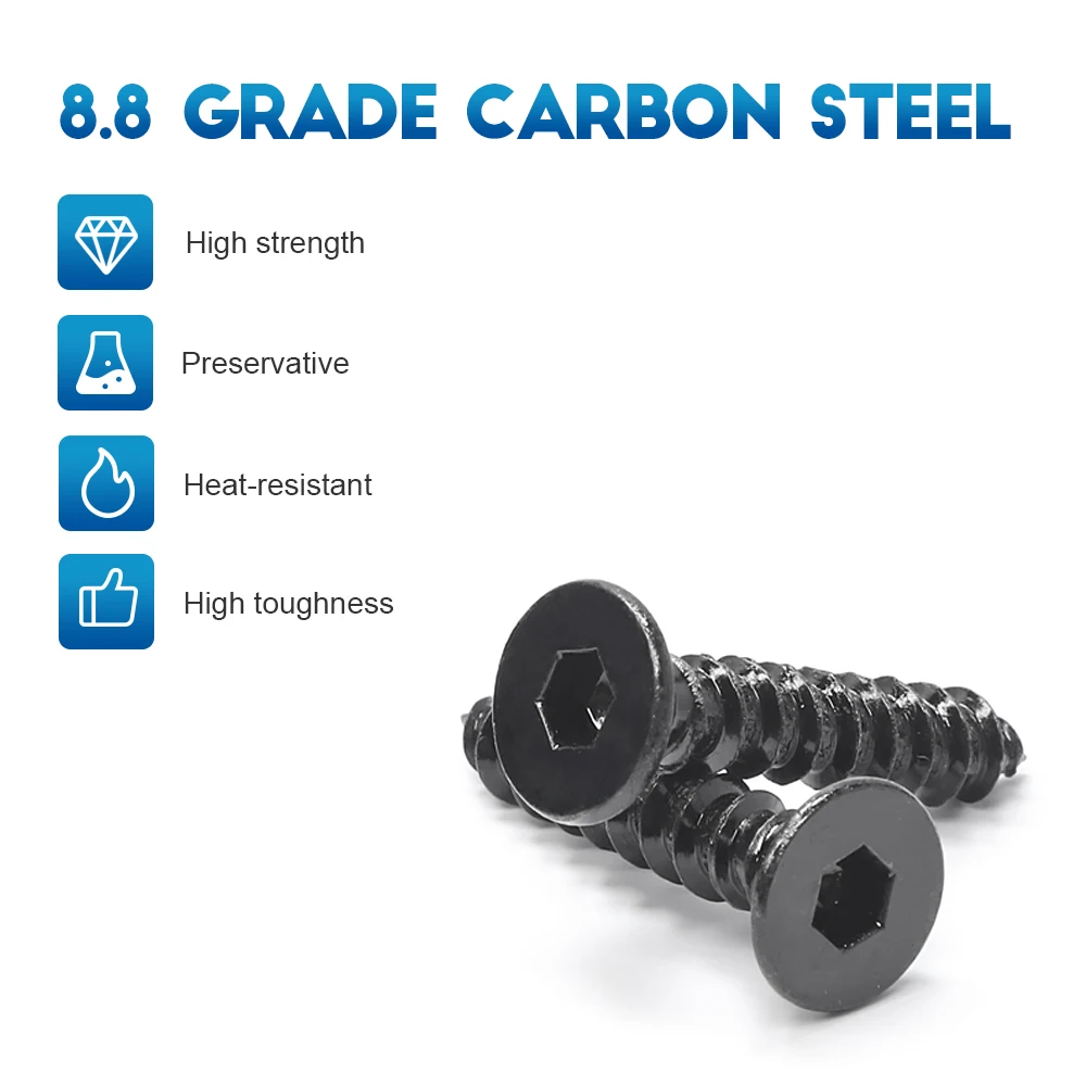 10-50pcs Hex Socket Flat Head Self Tapping Screw M2 M3 M4 M5 M6 8.8 Grade Carbon Steel Countersunk Allen Head Wood Tapping Screw