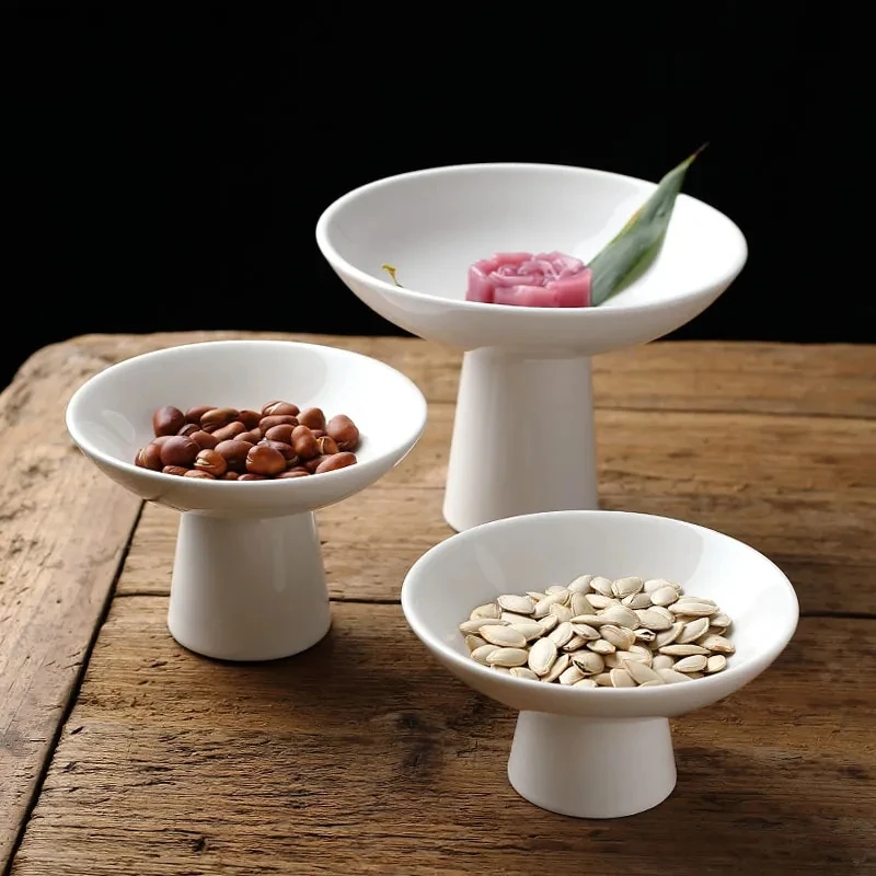White Ceramic Plate Tall Feet Refreshment Tray Round Dried Fruit Snacks Tableware Dish Dessert Plates Cake Pan