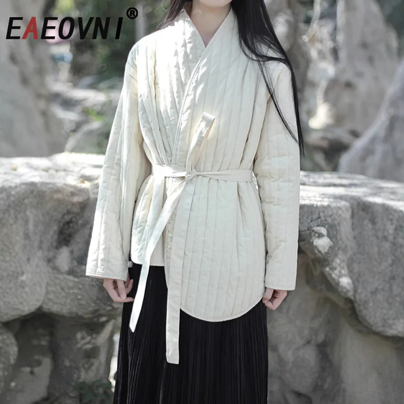 

EAEOVNI Winter Fashion Cotton Coat Women Solid Color Casual Belt Gathered Waist Warm Coat Versatile 2025 New Clothing