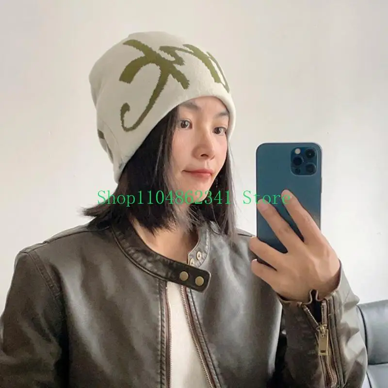 652F Unisex Beanie Hat Y2k Letter Jacquard Skull Cap Turbans for Autumn Winter