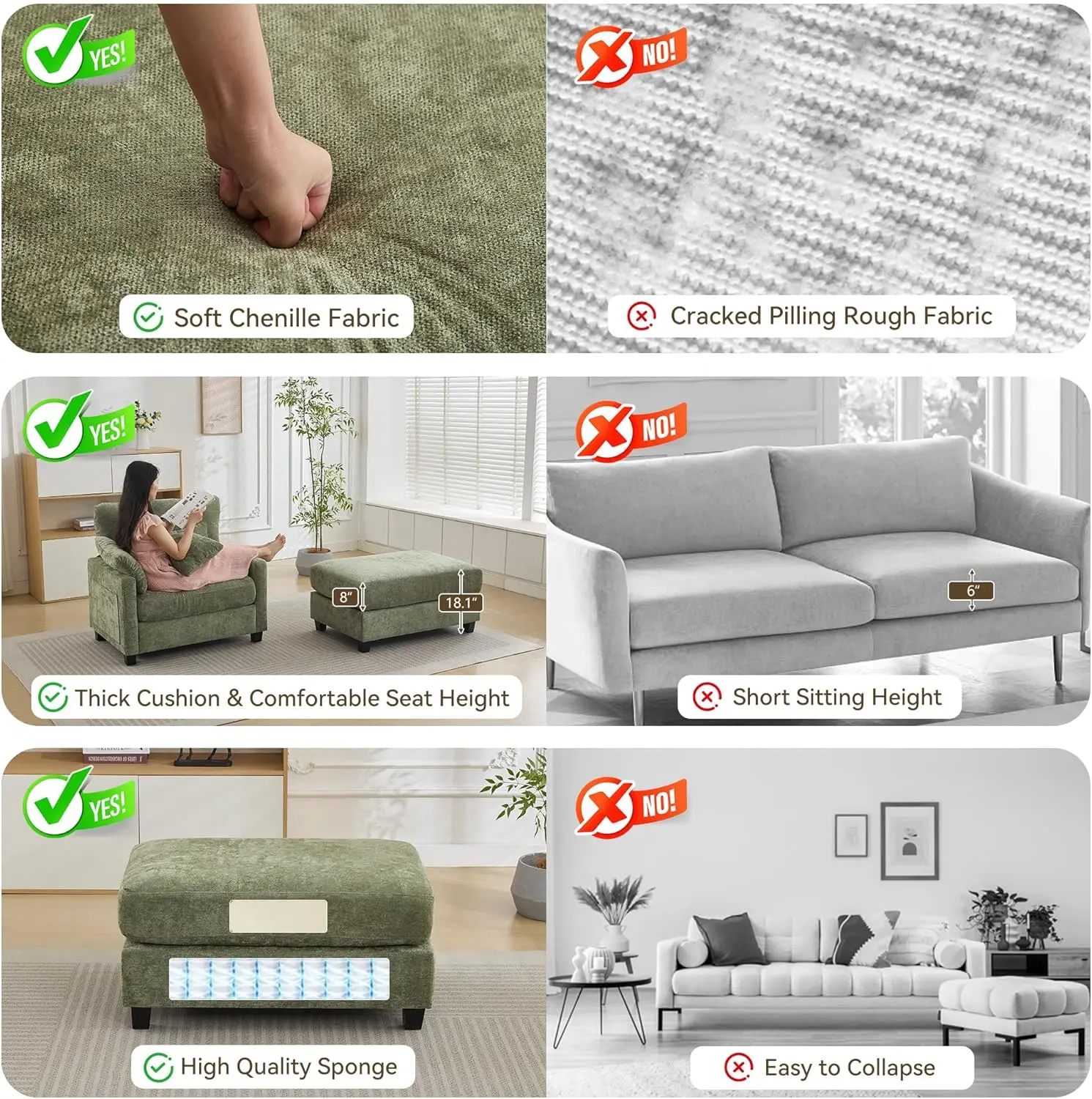 كرسي استرخاء كبير الحجم مقاس 57.5 بوصة مع داخلي عثماني، كرسي قراءة أخضر مع مسند وسرير أريكة، نوم مريح منجد بالشنيل