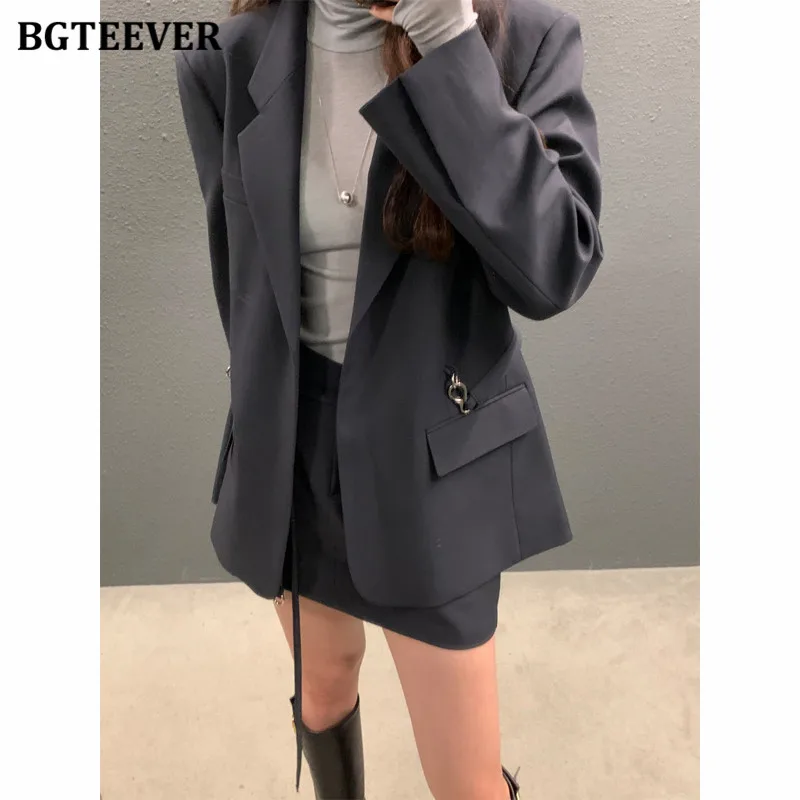 BGTEEVER Vintage Loose Women Skirt Suits Long Sleeve Blazer Jackets Ladies Mini A-line Skirts Spring Autumn Ladies Skirt Set