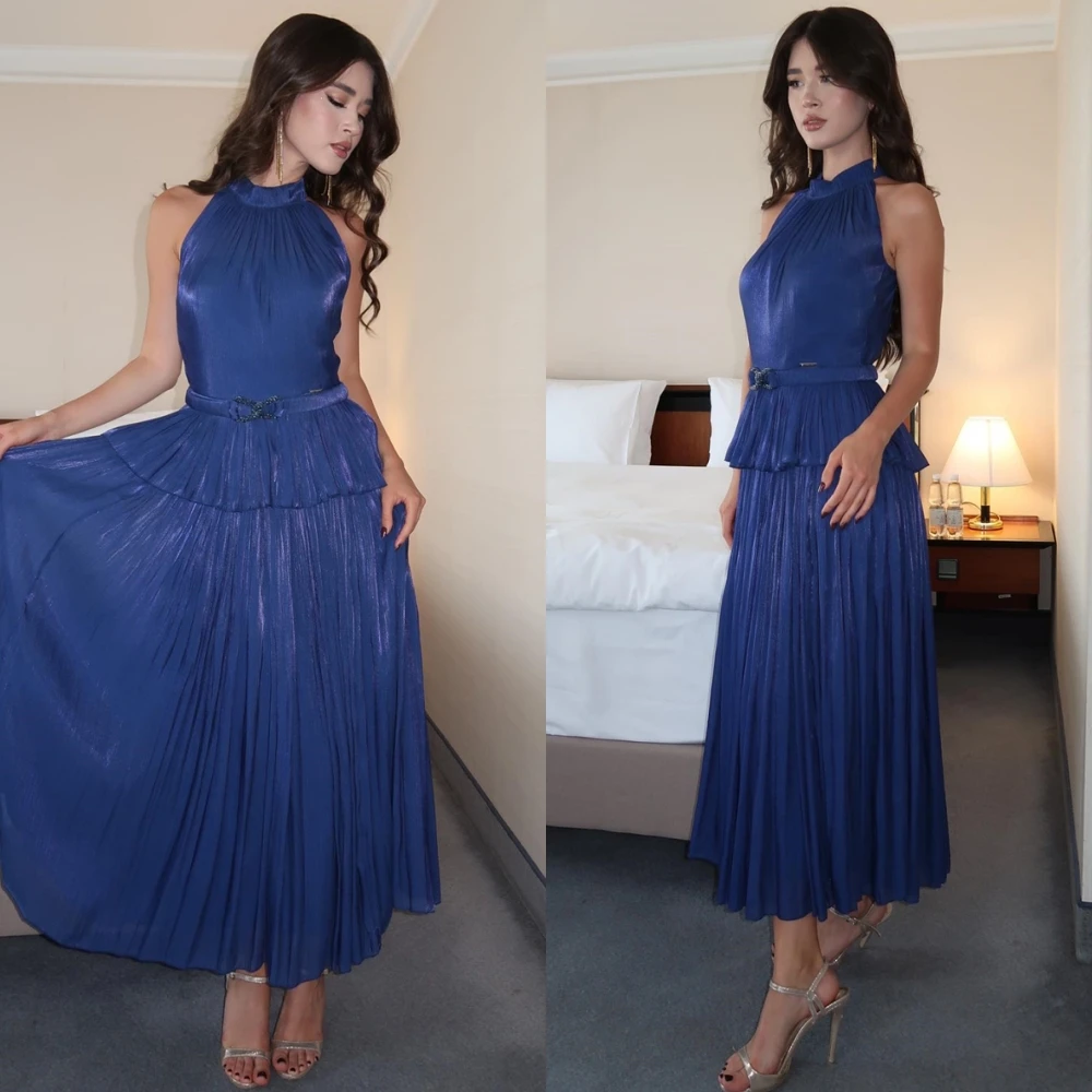

Customized Classic Blue Chiffon Evening Dress Formal Halter Sleeveless Celebrity Gowns Delicate Straight Belt Homecoming Dresses
