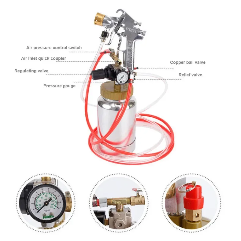 2L Feed Texture Coating Tank Pot Pressure Bucket With PT871 Colourful Air Spray  Fluid Hose Assembly Paint Sprayer System