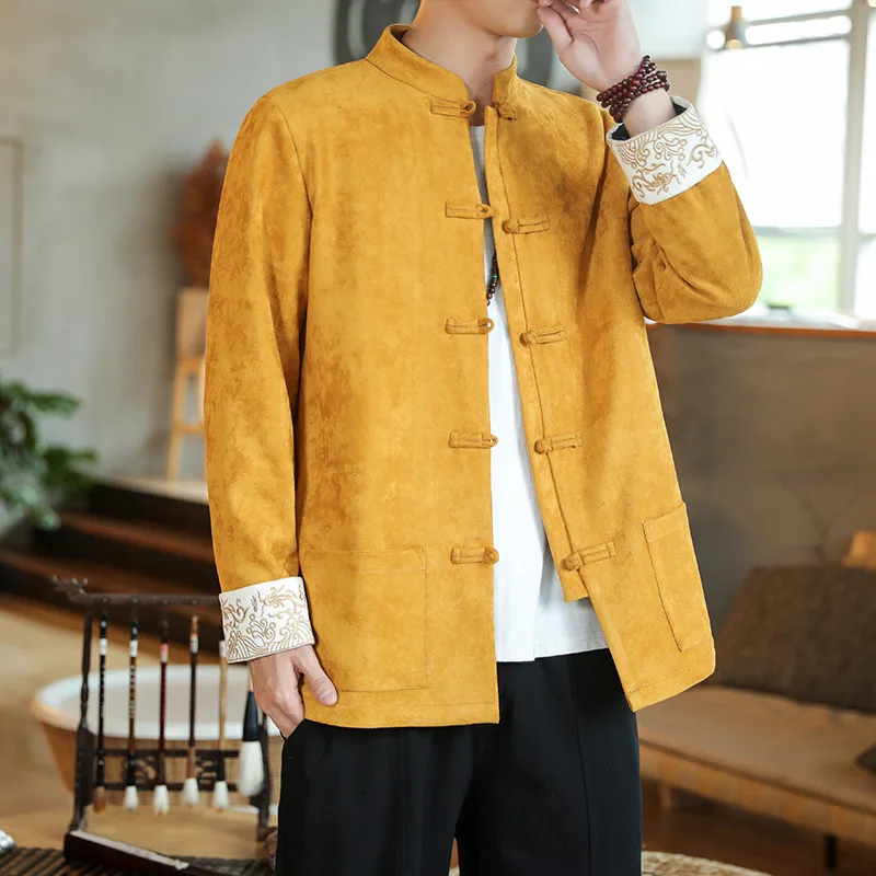 Autumn and Winter Chinese Style Men's Clothing Deerskin Velvet Chinese Embroidered Jacket Jacket Large Size Trendy Casual Hanfu