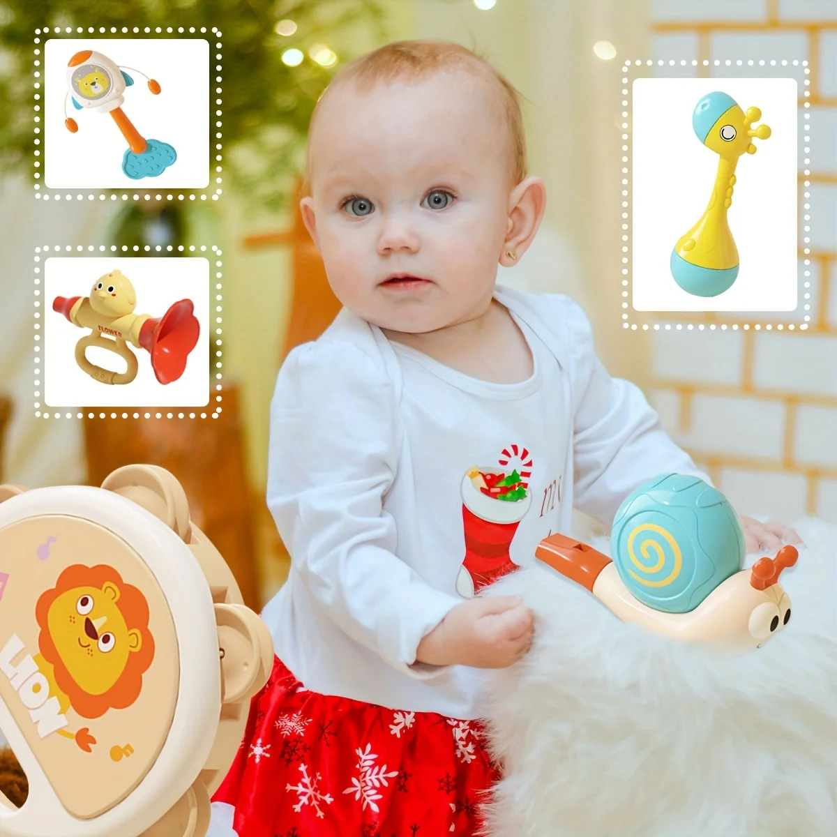 Vijf-in-één muziekspeelgoedset met luidsprekers, bellen en handtrommels, cultiveer interesse van kinderen en cognitie van muziek, kerstcadeaus